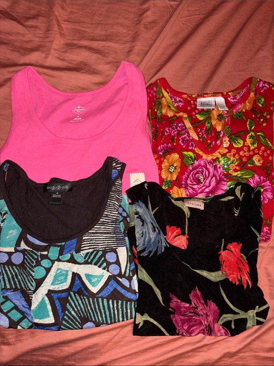 Varsity Tops - Set of 4 Assorted Womens Floral & Solid Tank Tops - Pink, Red, Black, Multi